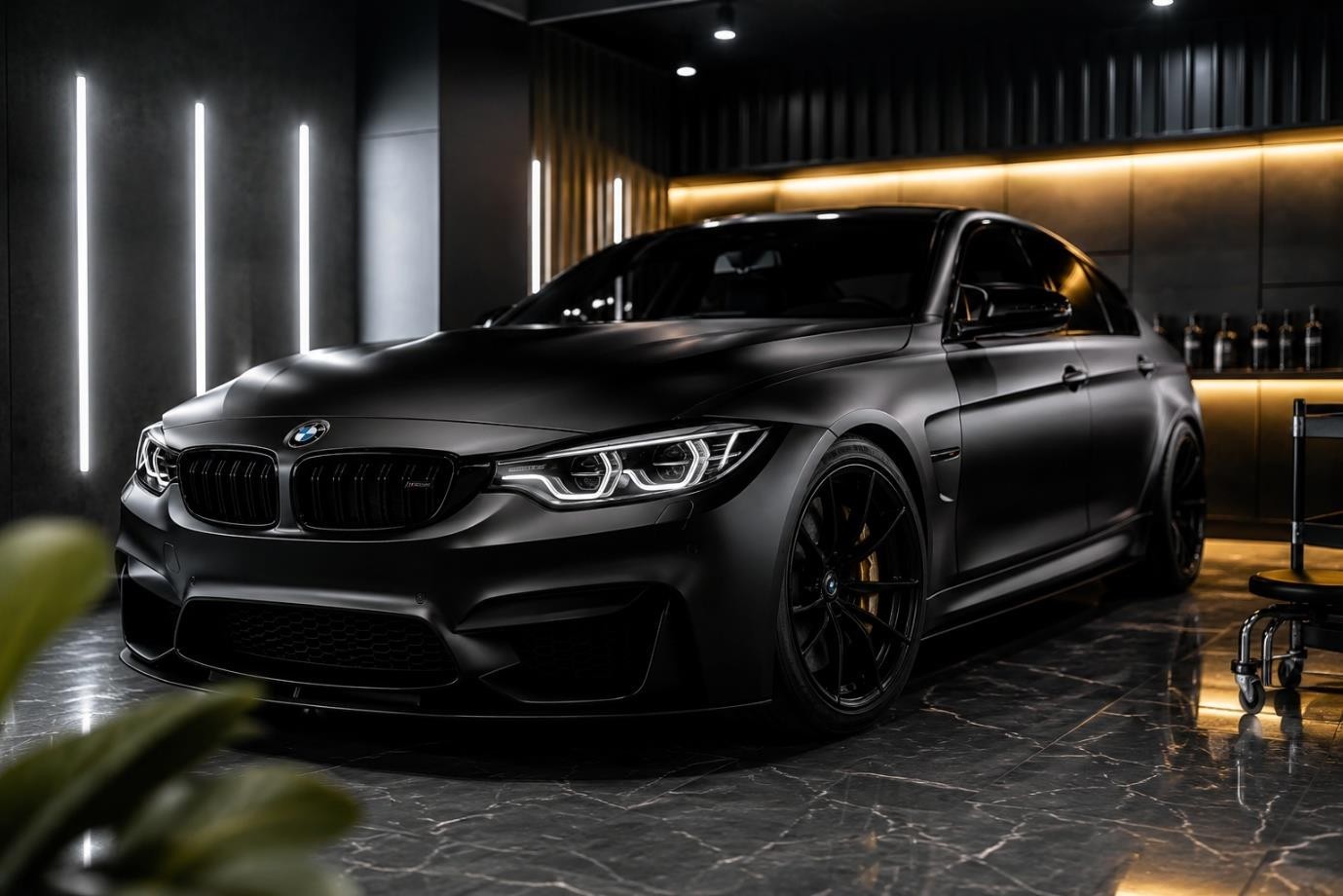 Sleek matte BMW in cinematic garage