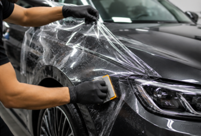 Technician applying paint protection film to a car.