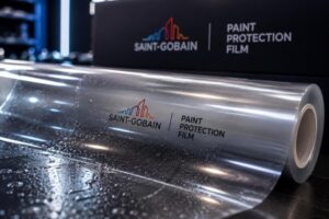 Saint-Gobain Paint Protection Film roll in a detailing studio.
