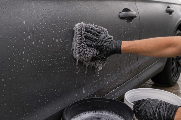 Close-up of gloved hands using a soft microfiber wash mitt on a matte-finished car door panel, soapy water visible, two wash buckets partially in frame, natural daylight, photorealistic detail shot.