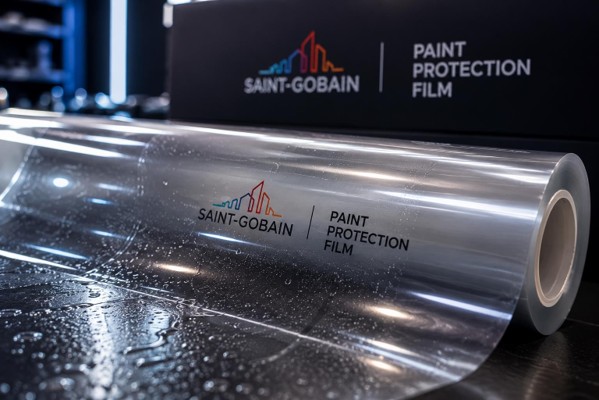 Saint-Gobain Paint Protection Film roll in a detailing studio.