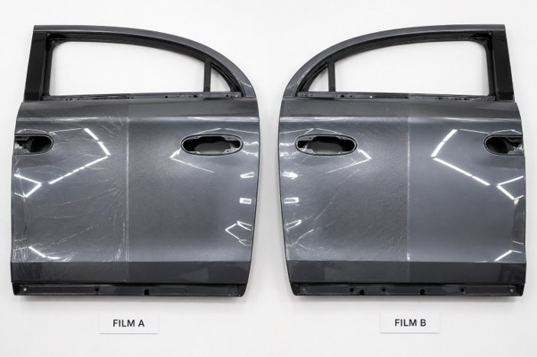 Two identical car door panels side by side under studio lighting, each covered with a different protective film sample, subtle labels indicating "Film A" and "Film B", clean white background, top-down photorealistic flat lay.