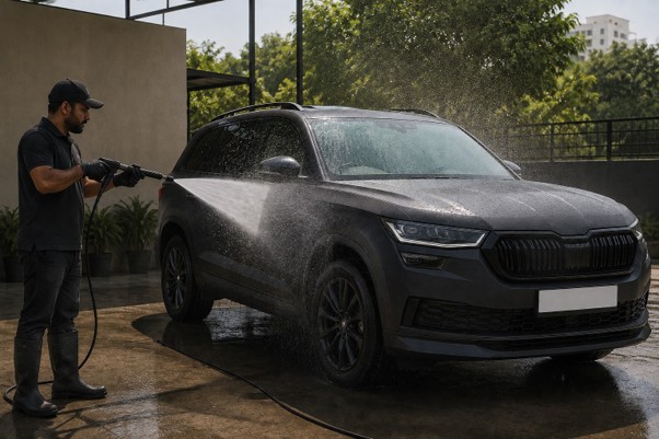 A technician using a pressure washer at a wide-angle spray setting on a matte-finished car from a safe distance, water droplets visible mid-air, outdoor detailing bay setting, photorealistic action shot