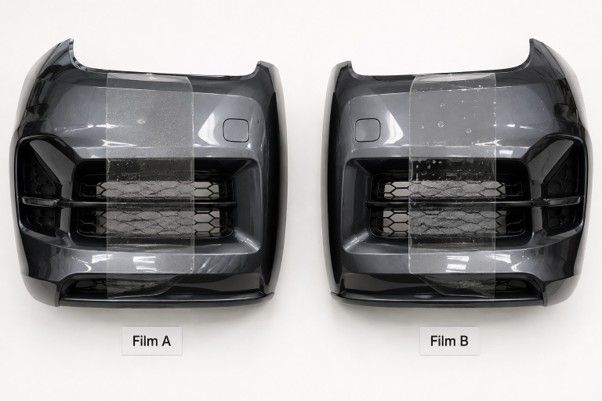 Two identical car front bumpers side by side under consistent studio lighting, each with a different protective film sample applied, subtle "Film A" and "Film B" labels, clean white background, top-down photorealistic flat lay.