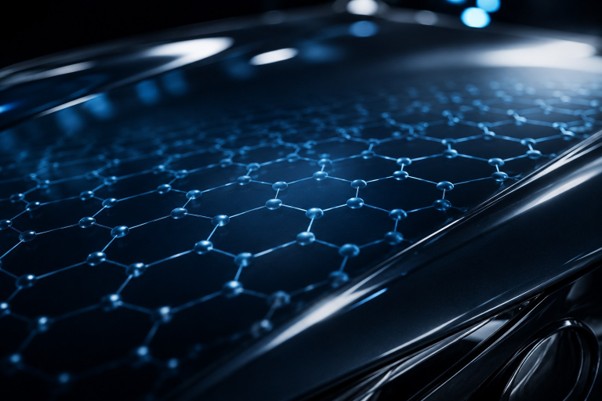 Abstract close-up of a molecular lattice structure pattern reflected subtly on a car's glossy paint surface, blending scientific and automotive aesthetics, dark background with blue highlights, photorealistic digital illustration style.
