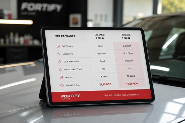 A simple pricing comparison chart mockup displayed on a tablet resting on a car hood, blurred detailing studio in the background, natural lighting, photorealistic product photography style.