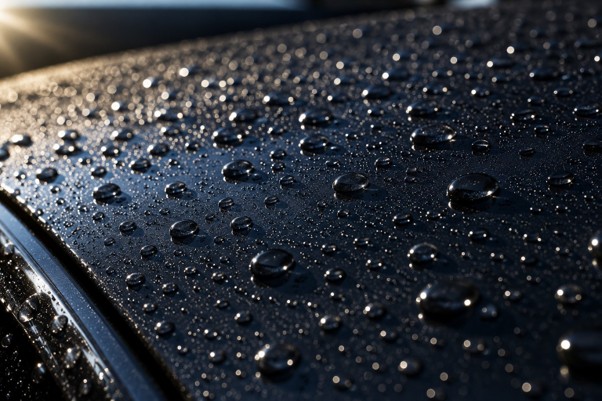 Macro shot of water droplets beading tightly and rolling off a dark car hood surface, dramatic side lighting emphasizing the hydrophobic effect, photorealistic close-up.
