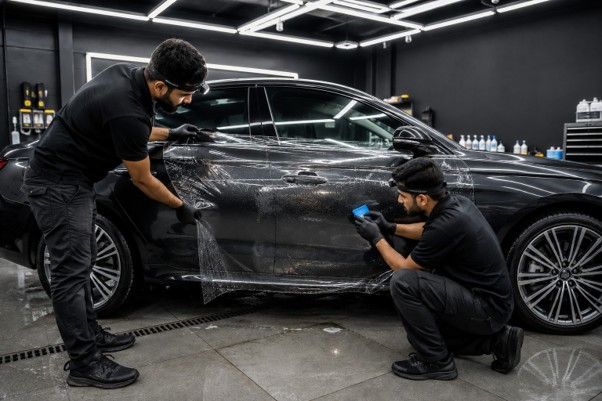 Wide shot inside a clean automotive detailing bay, two technicians carefully applying paint protection film to a sedan's door panel using a squeegee tool, professional lighting rig overhead, photorealistic, editorial automotive photography style.
