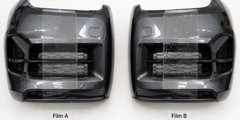 Two identical car front bumpers side by side under consistent studio lighting, each with a different protective film sample applied, subtle "Film A" and "Film B" labels, clean white background, top-down photorealistic flat lay.