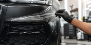 A close-up of a matte black SUV's front bumper with a technician's gloved hand applying clear paint protection film, sunlight reflecting off the semi-applied film edge, professional automotive detailing studio background, shallow depth of field, photorealistic.