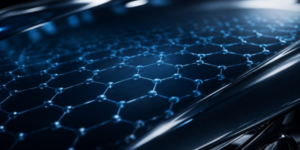 Abstract close-up of a molecular lattice structure pattern reflected subtly on a car's glossy paint surface, blending scientific and automotive aesthetics, dark background with blue highlights, photorealistic digital illustration style.