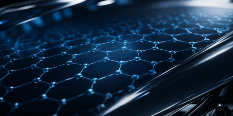 Abstract close-up of a molecular lattice structure pattern reflected subtly on a car's glossy paint surface, blending scientific and automotive aesthetics, dark background with blue highlights, photorealistic digital illustration style.