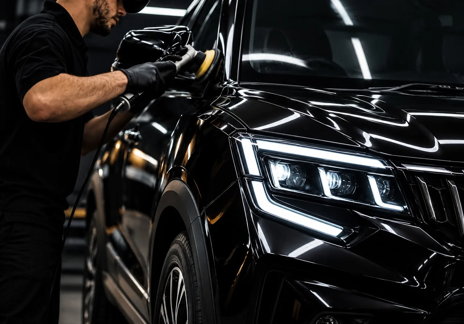 A detailing specialist applying PPF to a vehicle