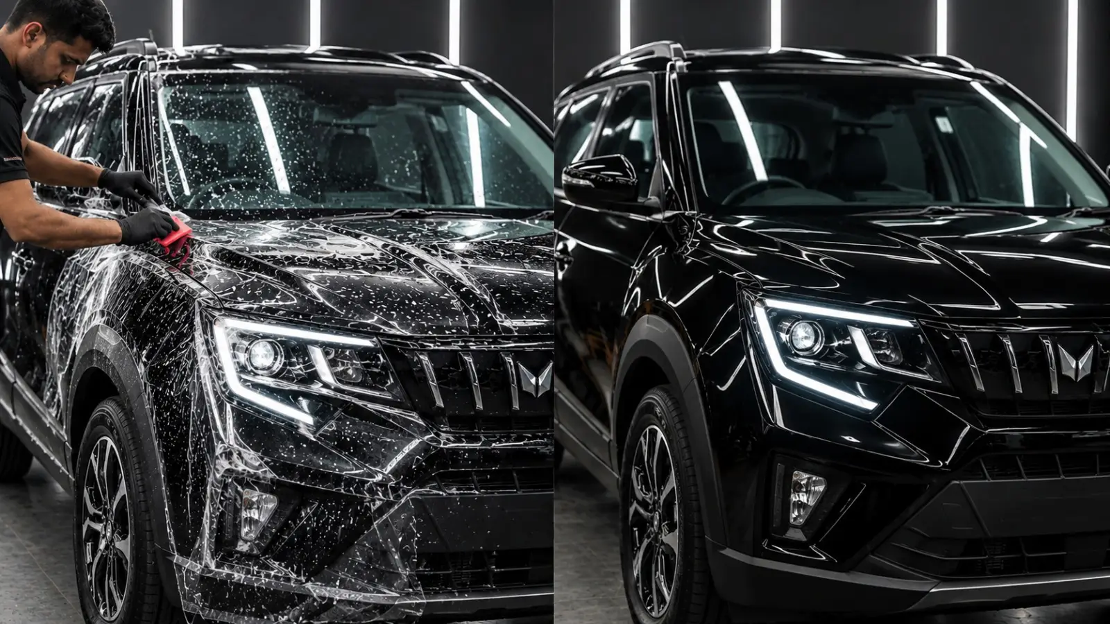Mahindra XUV 7XO during PPF application and after completion