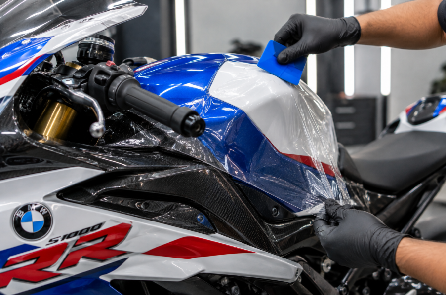 Close-up studio photograph of a sportbike fuel tank and front fairing with a technician's gloved hand applying clear paint protection film, visible film edge and slight sheen, macro detail, soft diffused studio lighting.