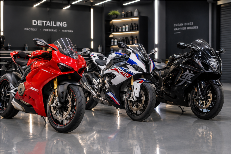 Three superbikes: a red Ducati Panigale, a white-and-blue BMW S1000RR, and a black Suzuki Hayabusa parked side by side in a clean, well-lit professional detailing studio with soft overhead lighting, reflective epoxy floor, shallow depth of field, editorial automotive photography style.