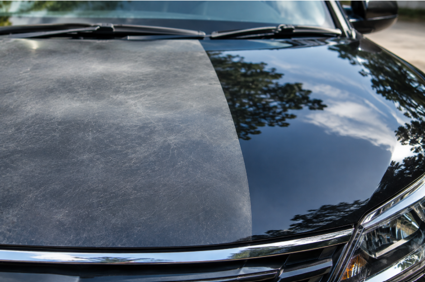 Close-up of a car hood with visibly dull, faded paint next to a glossy reflective section, clear contrast in finish quality, natural daylight, high-detail automotive macro photography style